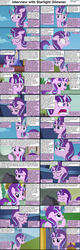 Size: 1282x4018 | Tagged: safe, rainbow dash, starlight glimmer, pegasus, pony, unicorn, comic:celestia's servant interview, g4, blushing, caption, comic, cs captions, female, floppy ears, interview, mare, roleplay in the comments