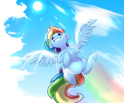 Size: 4486x3730 | Tagged: safe, artist:angelwing314, rainbow dash, g4, female, flying, perspective, sky, solo, sun