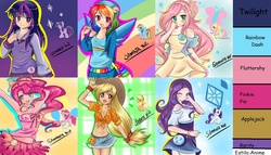 Size: 1274x730 | Tagged: safe, artist:ilovemlpandmmd, applejack, fluttershy, pinkie pie, rainbow dash, rarity, twilight sparkle, human, g4, armpits, belly button, clothes, denim skirt, humanized, mane six, midriff, skirt