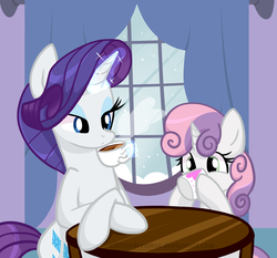 Size: 1858x1735 | Tagged: safe, artist:xwhitedreamsx, rarity, sweetie belle, pony, unicorn, g4, coffee, drink, drinking, duo, female, filly, food, magic, mare, siblings, sisters, snow, snowfall, table, window, winter
