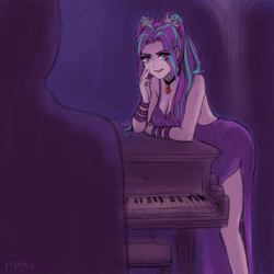 Size: 900x900 | Tagged: safe, artist:klotter, aria blaze, equestria girls, g4, cleavage, clothes, dress, female, musical instrument, piano, sleeveless