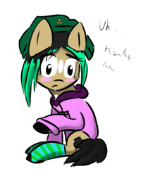 Size: 785x983 | Tagged: safe, artist:owlnon, oc, oc only, oc:bambi, clothes, dialogue, emo, hat, hoodie, simple background, socks, solo, striped socks, white background