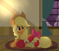 Size: 2000x1726 | Tagged: safe, artist:xwhitedreamsx, apple bloom, applejack, earth pony, pony, g4, cuddling, cutie mark, female, filly, foal, loose hair, mare, sisters, sleeping, snow, snowfall, snuggling, the cmc's cutie marks