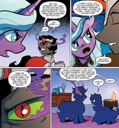 Size: 1384x1484 | Tagged: safe, artist:andy price, idw, official comic, king sombra, radiant hope, crystal pony, pony, unicorn, friendship is magic #37, g4, siege of the crystal empire, spoiler:comic, colored sclera, comic, duo, female, green sclera, male, mare, slit pupils, stallion