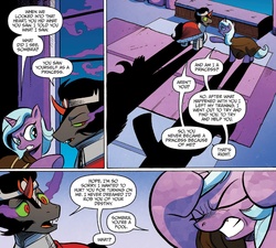 Size: 1382x1242 | Tagged: safe, artist:andypriceart, idw, official comic, king sombra, radiant hope, crystal pony, pony, unicorn, g4, siege of the crystal empire, spoiler:comic, spoiler:comic37, cape, cloak, clothes, comic, duo, eyes closed, female, male, mare, stallion