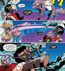 Size: 1391x1524 | Tagged: safe, artist:andypriceart, idw, official comic, king sombra, rabia, radiant hope, pony, umbrum, unicorn, g4, siege of the crystal empire, spoiler:comic, spoiler:comic37, cape, clothes, comic, female, male, mare, stallion