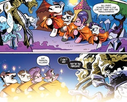 Size: 1379x1109 | Tagged: safe, artist:andy price, idw, official comic, cookie crumbles, hondo flanks, rarity, pony, umbrum, unicorn, friendship is magic #37, g4, siege of the crystal empire, spoiler:comic, comic, fabulous, facial hair, female, magnum p.i., male, mare, moustache, rarity's parents, raspberry, shiny, ship:cookieflanks, sparkles, stallion, tom selleck