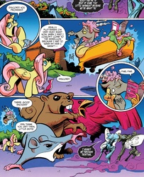 Size: 1387x1708 | Tagged: safe, artist:andy price, idw, official comic, discord, fluttershy, bird, draconequus, pegasus, pony, rat, rodent, squirrel, umbrum, g4, siege of the crystal empire, spoiler:comic, spoiler:comic37, bathtub, comic, dialogue, female, macro, male, mare