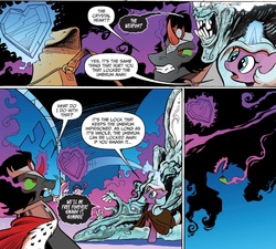 Size: 1396x1254 | Tagged: safe, artist:andypriceart, idw, official comic, king sombra, princess cadance, rabia, radiant hope, twilight sparkle, alicorn, pony, umbrum, unicorn, g4, siege of the crystal empire, spoiler:comic, spoiler:comic37, cape, clothes, comic, cropped, crystal heart, female, magic, male, mare, speech bubble, stallion, telekinesis, twilight sparkle (alicorn)