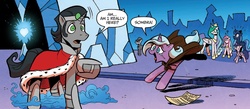 Size: 1391x607 | Tagged: safe, artist:andypriceart, idw, official comic, king sombra, observer (g4), princess cadance, princess celestia, princess luna, radiant hope, twilight sparkle, alicorn, pony, unicorn, g4, siege of the crystal empire, spoiler:comic, spoiler:comic37, cape, clothes, comic, crying, crystal heart, exclamation point, female, male, mare, question mark, reformed sombra, stallion, tears of joy, twilight sparkle (alicorn)