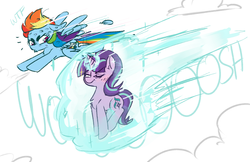 Size: 1500x970 | Tagged: safe, artist:xieril, rainbow dash, starlight glimmer, g4, blushing, chest fluff, feather, levitation, looking at each other, magic, race, racing, self-levitation, sky, sweat, telekinesis, whoosh, wtf