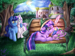 Size: 1280x960 | Tagged: safe, artist:aquaticsun, night light, spike, twilight sparkle, twilight velvet, bird, dragon, pony, raven (bird), unicorn, g4, adopted offspring, baby, baby dragon, baby spike, bench, book, brother and sister, crepuscular rays, cute, cutie mark, father and child, father and daughter, father and son, feather, female, filly, filly twilight sparkle, floppy ears, glare, grass, hat, house, levitation, looking at something, magic, male, mare, mother and child, mother and daughter, mother and son, nature, pith helmet, quill, raised hoof, scenery, ship:nightvelvet, siblings, smiling, smirk, spikabetes, spike's family, stallion, sun, telekinesis, tree, twiabetes, unicorn twilight, yard, younger