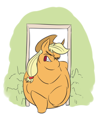 Size: 552x656 | Tagged: safe, artist:calorie, applejack, earth pony, pony, g4, applefat, belly, big belly, bingo wings, chubby cheeks, cracks, doorway, eyes closed, fat, female, gritted teeth, obese, solo, stuck, the ass is monstrously oversized for tight entrance, too fat to get through