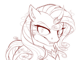 Size: 2500x2000 | Tagged: safe, artist:evehly, rarity, pony, unicorn, g4, colored horn, corrupted, curved horn, diamond eyes, evil, fangs, female, glare, glowing eyes, grin, high res, horn, horn ring, lineart, looking at you, mare, monochrome, peytral, sharp teeth, simple background, sketch, smiling, solo, sombra eyes, teeth, white background