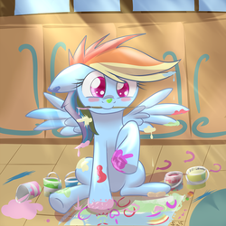 Size: 1250x1250 | Tagged: safe, artist:sintakhra, rainbow dash, pegasus, pony, g4, blush sticker, blushing, cute, dashabetes, female, filly, filly rainbow dash, floppy ears, messy, mouth hold, paintbrush, painting, raised hoof, sitting, smiling, solo, spread wings, underhoof, younger