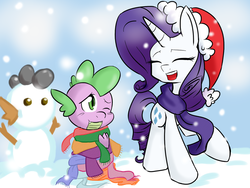 Size: 1024x768 | Tagged: safe, artist:shujiwakahisaa, rarity, spike, g4, christmas, clothes, duo, eyes closed, female, hat, male, one eye closed, santa hat, scarf, ship:sparity, shipping, snowman, straight, twelve days of christmas