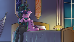 Size: 1920x1080 | Tagged: safe, artist:dmann892, queen chrysalis, twilight sparkle, alicorn, pony, fanfic:changeling courtship rituals, g4, anatomically incorrect, bed, fanfic art, female, incorrect leg anatomy, lesbian, mare, ship:twisalis, shipping, twilight sparkle (alicorn)
