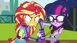Size: 1920x1080 | Tagged: safe, edit, edited screencap, screencap, sci-twi, sunset shimmer, twilight sparkle, equestria girls, g4, my little pony equestria girls: friendship games, :d, d:, duo, grin, magic capture device, out of character, story included, sunedge shimmer