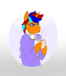 Size: 1280x1463 | Tagged: safe, artist:jennaforever77, oc, oc only, oc:sentinel shield, anthro, unguligrade anthro, chocolate, clothes, coffee, coffee mug, food, hot chocolate, scarf, solo, sweater