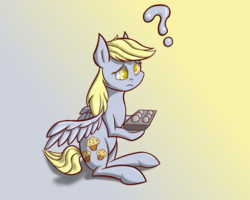 Size: 2500x2000 | Tagged: safe, artist:kopaleo, derpy hooves, pegasus, pony, g4, bubble, confused, female, food, high res, mare, muffin, question mark, sad, solo