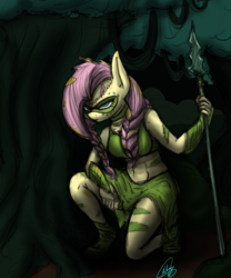 Size: 1000x1200 | Tagged: safe, artist:xxmarkingxx, fluttershy, anthro, g4, the cutie re-mark, abs, alternate timeline, badass, belly button, bodypaint, chrysalis resistance timeline, clothes, female, fingerless gloves, flutterbadass, frown, glare, gloves, jungleshy, looking at you, midriff, skirt, solo, spear, stone spear, tribalshy, weapon