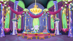 Size: 1920x1080 | Tagged: safe, screencap, castle sweet castle, g4, banner, bouquet, chair, chandelier, crystal, cupcake, dining room, flower, food, no pony, pillar, scenery, statue, table, twilight's castle