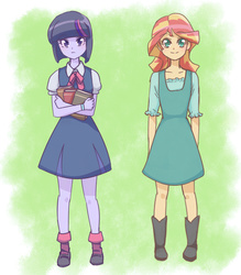 Size: 700x800 | Tagged: dead source, safe, artist:kukutjulu01, sunset shimmer, twilight sparkle, equestria girls, g4, blushing, book, clothes, dress, frown, looking at you, smiling