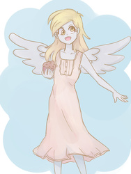 Size: 600x800 | Tagged: safe, artist:kukutjulu01, artist:misochikin, derpy hooves, angel, equestria girls, g4, beautiful, blonde, blushing, clothes, cute, derpabetes, derpy is an angel, dress, female, food, happy, looking at you, muffin, open mouth, smiling, solo, spread wings, wings
