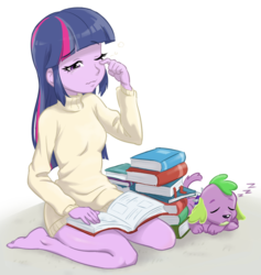 Size: 810x855 | Tagged: safe, artist:ta-na, spike, twilight sparkle, dog, equestria girls, g4, barefoot, book, bottomless, clothes, duo, eyes closed, feet, female, male, one eye closed, simple background, sleeping, sleepy, spike the dog, sweater, tired, white background, zzz