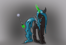 Size: 2500x1700 | Tagged: dead source, safe, artist:konik006, queen chrysalis, changeling, changeling queen, g4, evil smile, female, looking at you, magic, shock, solo, stick