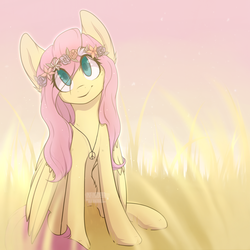Size: 1300x1300 | Tagged: dead source, safe, artist:infinideer, fluttershy, pegasus, pony, g4, eye clipping through hair, female, floral head wreath, flower, front view, full face view, grass, head tilt, hippieshy, looking at you, mare, no more ponies at source, peace, peace symbol, sitting, smiling, solo, wreath