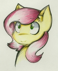 Size: 467x576 | Tagged: safe, artist:cinematic-atmosphere, fluttershy, g4, ear fluff, female, looking at you, portrait, short mane, smiling, solo, traditional art
