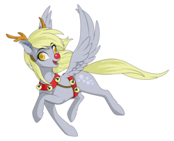 Size: 1300x1054 | Tagged: safe, artist:sugarcup, derpy hooves, pegasus, pony, g4, female, flying, harness, mare, open mouth, red nose, reindeer antlers, simple background, smiling, solo, transparent background