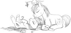 Size: 849x402 | Tagged: safe, artist:karmadash, big macintosh, rainbow dash, earth pony, pony, g4, candy, candy cane, food, hat, male, mistletoe, monochrome, reindeer antlers, santa hat, ship:rainbowmac, shipping, sketch, sleeping, stallion, straight