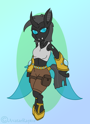 Size: 2700x3713 | Tagged: safe, artist:avatarraptor, oc, oc only, oc:gypsy, changeling, anthro, unguligrade anthro, arm hooves, belly button, clothes, female, high res, midriff, solo, tank top