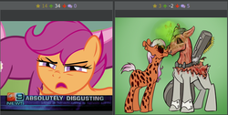 Size: 509x256 | Tagged: safe, scootaloo, oc, oc:macey, derpibooru, g4, exploitable meme, juxtaposition, lol, meme, meta, screenshots