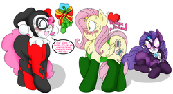 Size: 2794x1517 | Tagged: safe, artist:blackbewhite2k7, fluttershy, pinkie pie, rarity, earth pony, pegasus, pony, unicorn, g4, blushing, catmare, catwoman, christmas, cosplay, costume, crossover, dc comics, female, harley quinn, heartbeat, lesbian, magic, mistletoe, parody, pinkie quinn, poison ivy, poison ivyshy, ship:flutterpie, shipper on deck, shipping, simple background, trio, white background