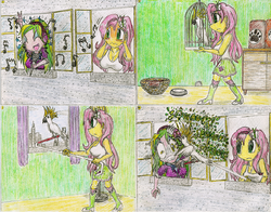 Size: 814x639 | Tagged: safe, artist:meiyeezhu, fluttershy, lemon zest, bird, cockatoo, equestria girls, friendship games, annoyed, apartment, bad singing, basket, big breasts, bird cage, breasts, busty fluttershy, cage, cleavage, clothes, comic, covering ears, crystal prep academy uniform, eyes closed, female, frown, glare, gritted teeth, headphones, karaoke, microphone, mouse hole, music notes, old master q, open mouth, parody, pecking, pet, school uniform, screech, singing, skirt, smiling, sour note, squawk, stick, tanktop, traditional art, wavy mouth, wide eyes, window
