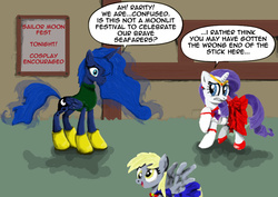 Size: 862x610 | Tagged: safe, artist:matt-doyle, derpy hooves, princess luna, rarity, g4, boots, clothes, cosplay, costume, dress, sailor, sailor moon (series), sailor senshi, voice actor joke