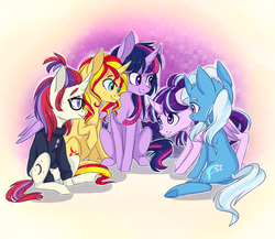 Size: 2300x2000 | Tagged: safe, artist:silbersternenlicht, moondancer, starlight glimmer, sunset shimmer, trixie, twilight sparkle, alicorn, pony, unicorn, g4, abstract background, counterparts, cute, dancerbetes, diatrixes, featured image, female, frown, glimmerbetes, high res, hilarious in hindsight, hug, magical quintet, mare, raised hoof, shimmerbetes, sitting, smiling, spread wings, sweet dreams fuel, twiabetes, twilight sparkle (alicorn), twilight's counterparts, underhoof, unicorn master race, winghug
