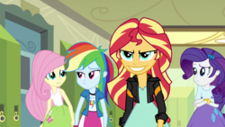 Size: 1920x1080 | Tagged: safe, edit, edited screencap, screencap, fluttershy, rainbow dash, rarity, sunset shimmer, equestria girls, g4, my little pony equestria girls: friendship games, :d, canterlot high, grin, story included, sunedge shimmer