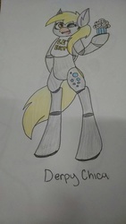 Size: 608x1080 | Tagged: safe, artist:pandapawzzzz, derpy hooves, pegasus, pony, robot, robot pony, g4, animatronic, bipedal, chica, crossover, female, five nights at freddy's, mare, one eye closed, parody, solo, wink