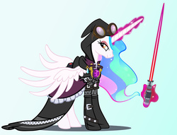Size: 950x725 | Tagged: safe, artist:pixelkitties, princess celestia, g4, clothes, female, goggles, levitation, lightsaber, looking at you, magic, sith, solo, star wars, telekinesis, weapon