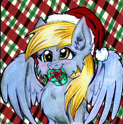Size: 2397x2418 | Tagged: safe, artist:hiro-uzumaki, derpy hooves, pegasus, pony, g4, blushing, chest fluff, cute, derpabetes, female, food, hat, high res, mare, muffin, present, santa hat, solo