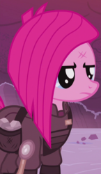 Size: 555x960 | Tagged: safe, screencap, pinkie pie, earth pony, pony, g4, the cutie re-mark, alternate timeline, apinkalypse pie, bag, crystal war timeline, facial scar, female, outfit catalog, pinkamena diane pie, rock, saddle bag, scar, solo