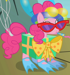 Size: 514x550 | Tagged: safe, screencap, pinkie pie, earth pony, pony, dragonshy, g4, balloon, bow, clothes, costume, cropped, female, flippers (gear), mare, outfit catalog, party horn, present, solo, sunglasses