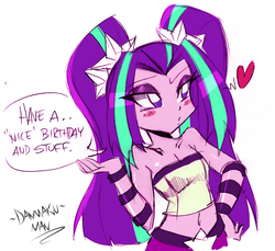 Size: 2243x2055 | Tagged: safe, artist:danmakuman, aria blaze, human, equestria girls, g4, bare shoulders, belly button, birthday, blushing, cleavage, dialogue, female, heart, high res, midriff, pigtails, sleeveless, solo, speech bubble, strapless, tsundaria, tsundere, tube top, twintails