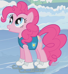 Size: 418x452 | Tagged: safe, screencap, pinkie pie, earth pony, pony, g4, winter wrap up, clothes, cropped, female, ice skates, mare, outfit catalog, solo, vest, weather team, winter wrap up vest