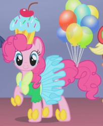 Size: 245x300 | Tagged: safe, screencap, pinkie pie, earth pony, pony, g4, season 1, suited for success, clothes, cropped, cupcake, dignified wear, dress, female, food, gala dress, hat, outfit catalog, raised hoof, solo