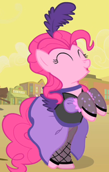 Size: 370x584 | Tagged: safe, screencap, pinkie pie, earth pony, pony, g4, over a barrel, choker, clothes, cropped, dress, eyes closed, female, mare, outfit catalog, puffy sleeves, rearing, saloon dress, saloon pinkie, solo, stockings, thigh highs, you gotta share